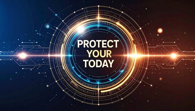 Futuristic digital graphic with the text "Protect Your Today."  Circular interface with glowing lines and particles.  Dark background, vibrant colors