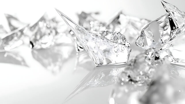 A close-up image of sharp-edged ice cubes, creating interesting reflections and textures, scattered across a smooth white surface,