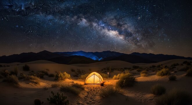 Cozy illuminated tent reflects on water under vast starry milky way night sky