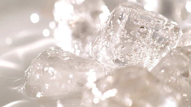A close-up of clear ice cubes with visible air bubbles, placed loosely on a bright white surface, soft lighting creating sharp reflections,