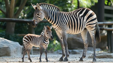A cute baby zebra standing next to its mother in the savannah, a National Geographic photo.