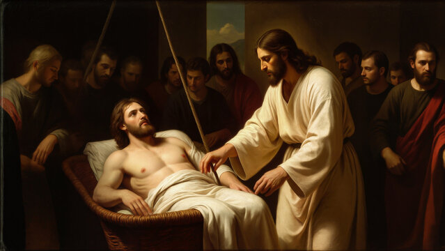 Jesus healing paralyzed man lying in bed surrounded by disciples biblical miracle.