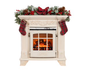 White fireplace decorated with festive garland, pinecones, red berries, plaid stockings, and glowing fire creates warm, cozy Christmas atmosphere