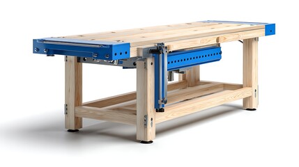 Workbench Wooden Tabletop with Blue Clamps and Legs on White Background