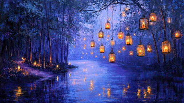 A digital painting of an enchanted forest at night, with glowing lanterns hanging from the trees and reflecting on the calm waters.  - Powered by Adobe