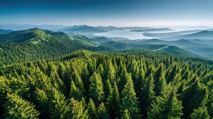 Fototapeta premium Majestic Mountain Landscape with Dense Forest and Serene Lake View at Dawn from Aerial Perspective