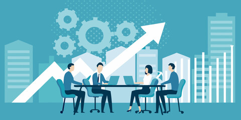 Obraz premium Business team collaborating around a table with laptops and a rising arrow graph symbolizing growth and success