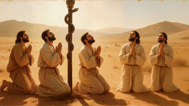 Israelites praying before bronze serpent pole wilderness biblical story