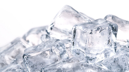 Close-up shot of perfectly shaped ice cubes with edges catching the light, showing a high level of clarity and detail, isolated on a pristine white background,