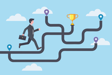 Businessman running on a winding path towards a golden trophy and success