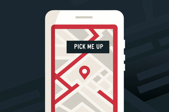 Smartphone screen displaying a map with a red location pin and a pick me up notification