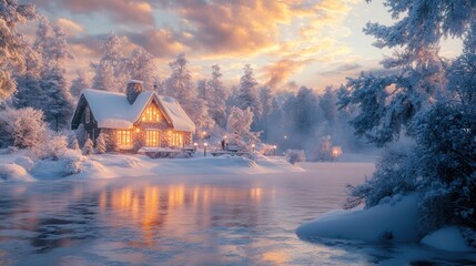 Winter Wonderland Cottage by Frozen Lake at Sunset