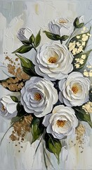 A captivating floral arrangement, rendered in textured white roses, accented by rich gold leaf accents, creates a serene and elegant mood on a light gray background.