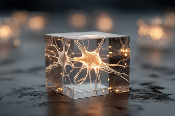 Transparent glass podium with glowing neural network and illuminated brain connections