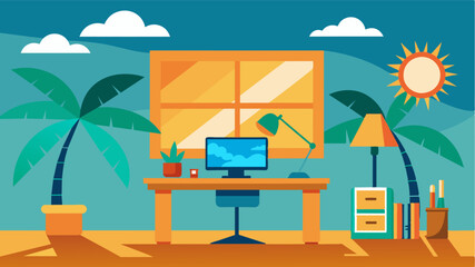 A tropicalthemed desk decor in a sunny beach bungalow inspiring creativity and productivity.. Vector illustration