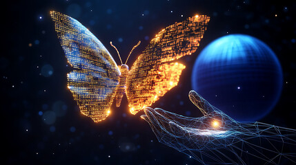 A butterfly built from glowing code snippets detaches from a wireframe hand sculpted from light, with a navy blue data sphere in the background,