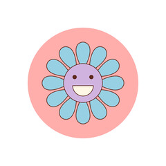 Groovy retro flower sticker with happy cartoon smile in a pink circle. Package seal and colorful lid with y2k vibe and cute style for playful packaging or cheerful product design.