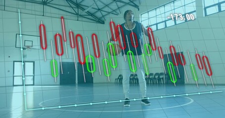 Man holding basketball at center noticing transparent finance chart plunging then rebounding stance - Powered by Adobe