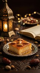 Fototapeta premium Warm semolina cake with almonds, served with dates and pistachios, glowing under a traditional lantern, a sweet treat for festive evenings