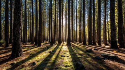 Fototapeta premium Sunlight Filtering Through Tall Trees in a Serene Forest Setting with Shadows and Mossy Ground