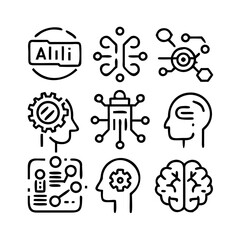&ldquo;Minimal thin outline icons &mdash; AI brain, neural network, algorithm, robot, chatbot, automation, smart assistant, deep learning, data processing &mdash; clean vector set.&rdquo;