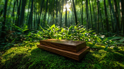 Wooden pedestal in lush bamboo grove with sun rays filtering through leaves