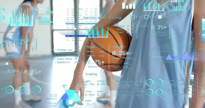 Financial data overlay appearing, basketball teammates warming up on court, charts updating - Powered by Adobe