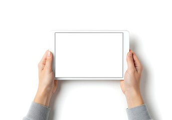 Hands holding a white tablet computer with a blank screen against a plain white background.