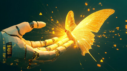 A golden low-poly butterfly bursts into data streams as it leaves a semi-transparent robotic hand, with radiant yellow-orange lighting and a dark teal background,
