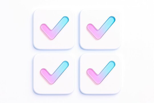 Four pastel colored checkmarks in white square frames on a clean white background symbolizing success and completion