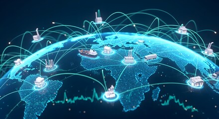 A 3D visualization of a global supply chain network, showing factories and transportation connected by glowing lines across a digital Earth