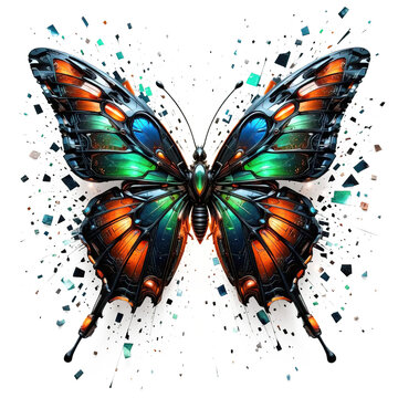 A mesmerizing, futuristic illustration of a metallic butterfly with vibrant colors and shattered, glass-like fragments. Art.