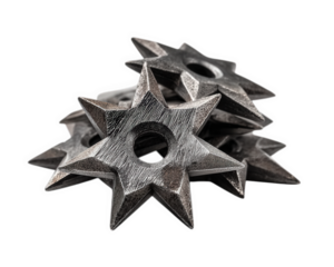 Set of sharp metal throwing stars, isolated on transparency background, featuring textured surface and pointed edges, commonly used in martial arts and self defense