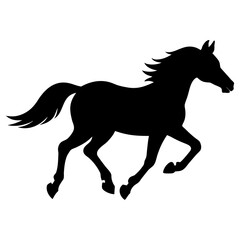 Black silhouette of a horse galloping freely on a white background