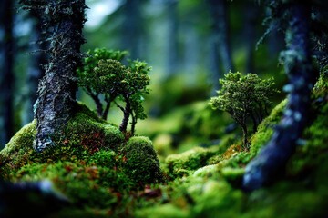 Moss-covered forest floor with small trees