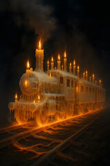 Surreal steam train made of melting wax and candles