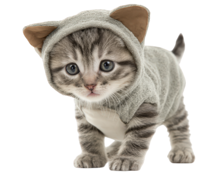 Adorable kitten wearing gray costume with cat ears and tail, standing isolated on transparency background, looking curious and playful, perfect for pet and animal themes