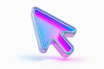 Futuristic iridescent neon computer mouse cursor arrow icon with metallic outline on a white background