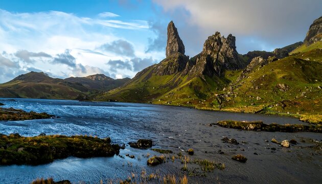 Dramatic mountain peak above a placid loch