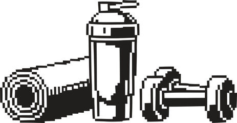 Fitness equipment including a rolled yoga mat shaker bottle and dumbbell