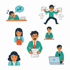 Set of illustrations depicting various emotions and stress levels of office workers in a professional setting