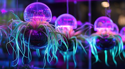 A unique indoor garden display with multiple Tillandsia plants hanging in glass bowls,