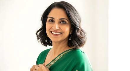 A confident, mature woman beams warmly in a vibrant emerald green saree, showcasing a positive and approachable persona against a clean white backdrop.