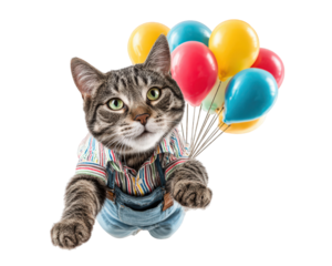 Cat wearing colorful birthday outfit floating with balloons playful and cheerful isolated on transparency background celebration party fun animal pet fantasy creative concept