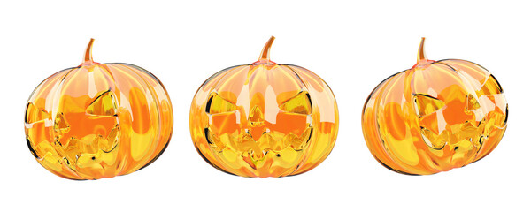3D render (not AI generated) of transparent glass pumpkin with orange spooky Halloween face. Isolated crystal jack o lantern decoration for October holiday, autumn festival, trick or treat event