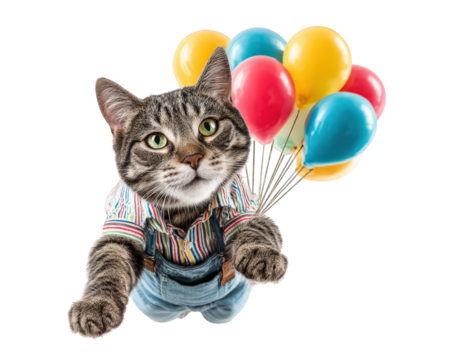 Cat wearing colorful birthday outfit floating with balloons playful and cheerful isolated on transparency background celebration party fun animal pet fantasy creative concept
