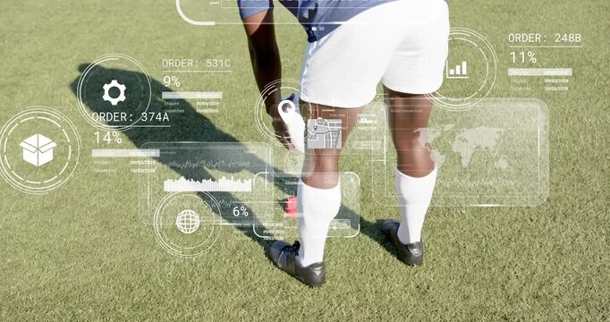 Sports tech AR overlays appearing on player shifting stance updating order progress adjusting ball