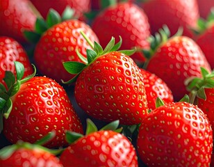Closeup of Fresh Red Strawberries with Green Leaves