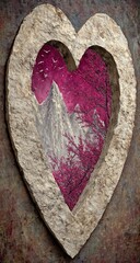 Heart-shaped stone archway showcasing a mountain scene with pink blossoms.