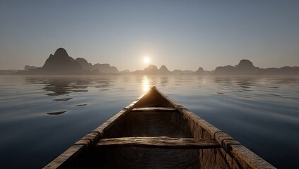 Wooden boat on tranquil lake at sunrise.